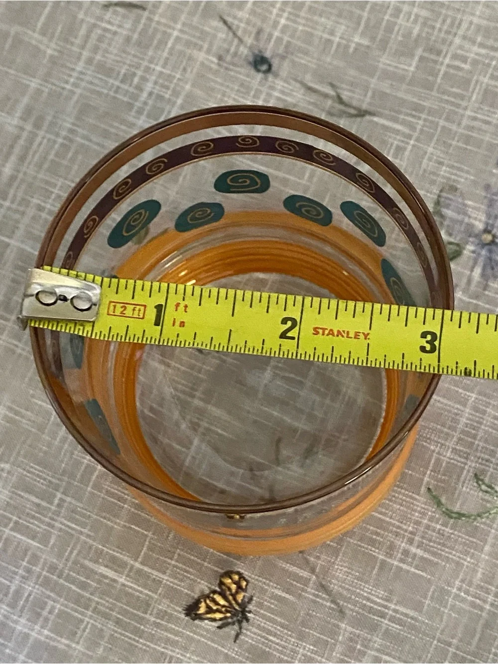 Sakura Gold-Trimmed Glass Tumbler with Teal Spirals and Copper Base